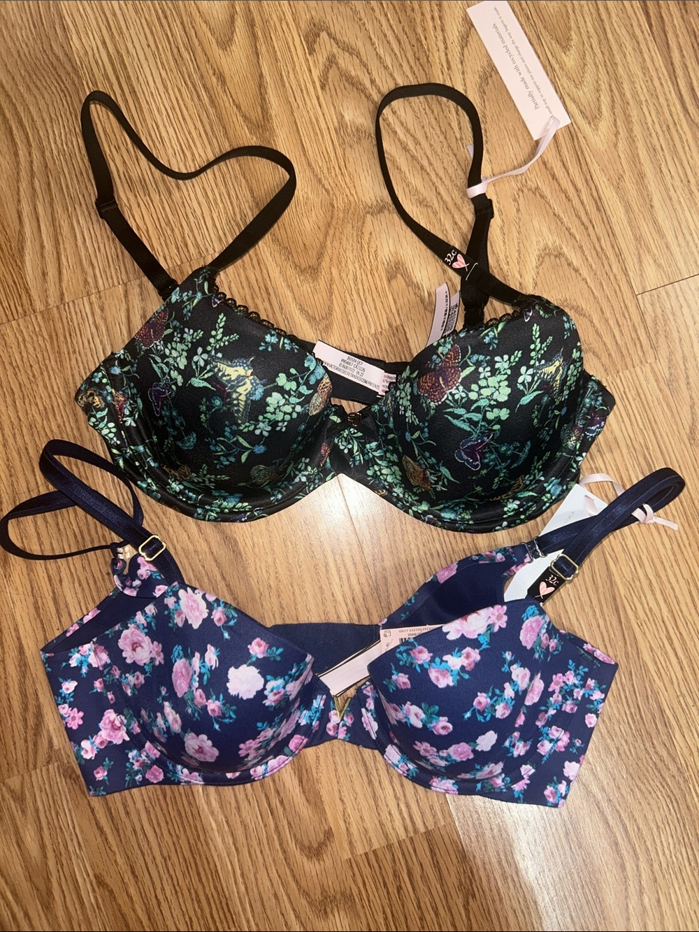 NWT Victoria's Secret Black Butterfly & Navy Floral Underwire Bras - Set of 2